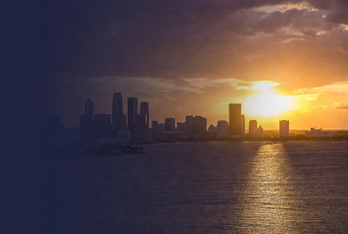 Tampa skyline over the bay at sunset